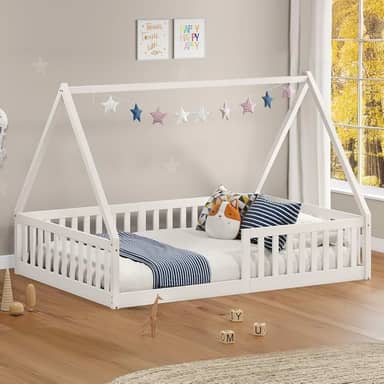 IDIMEX Cama Viúva Infantil Montessori Branco Madeira Casa com Estrado Stella