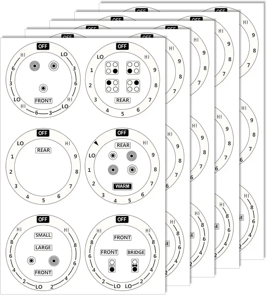 Conjunto de 5 Adesivos para Botões de Fogão, Símbolos Adesivos para Controle Queimador Superior, Forno Fogão a Gás Botão Identificação Queimador