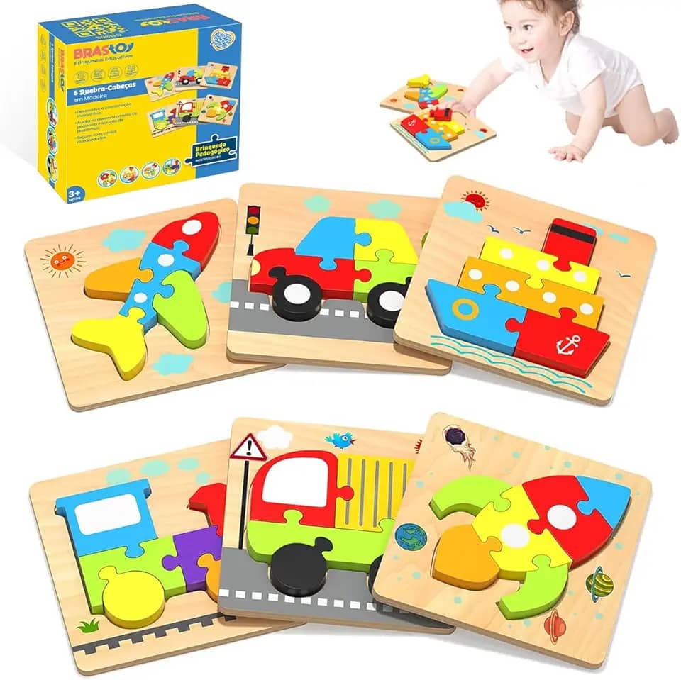 Blocos Montar de Madeira Quebra-Cabeças Montessori Educativos Brinquedos Infantis 6 Formas