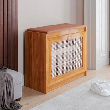 Sapateira Banco Com Assento Em Corino Marrom Porta Basculante Madeira