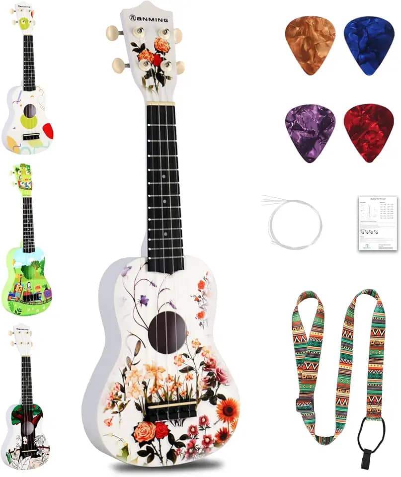 RANMING Ukulele Ukulele de 53 cm para iniciantes kit de iniciante ukulele de 4 cordas com alça, palhetas, cordas de carbono uku de plástico portátil para educação musical, atividades ao ar livre