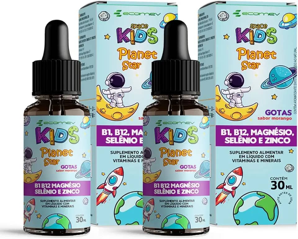 Vitamina Kids - B1 B12 Magnésio Selênio Zinco - Sabor Morango 30Ml - Ecomev (Kit 2)