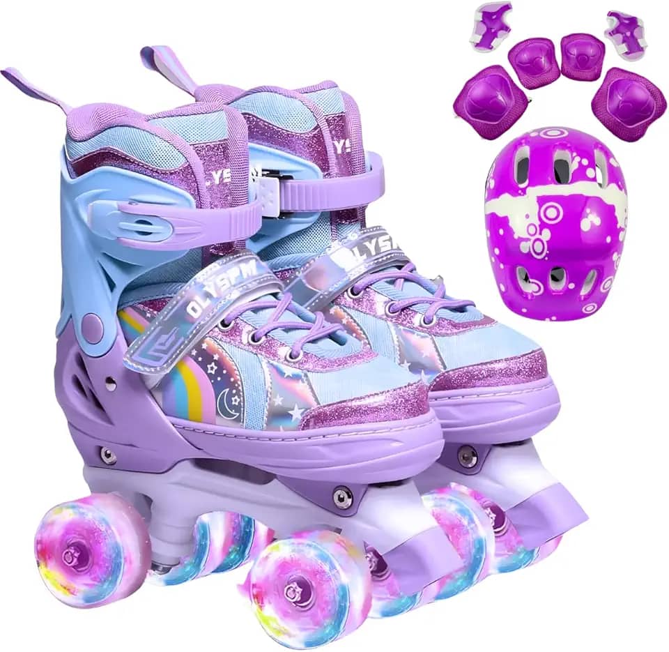 Patins Infantil 4 Rodas, Patins Quad, Patins Infantil Menina, Ajustável em 4 Tamanhos, com Bolsa e Kit Proteção, Ideal para meninas, meninos e iniciante
