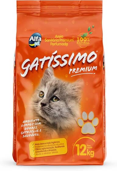 Areia Sanitária Premium Fina com Carvão Ativado e Perfumada, Pacote de 12Kg, Linha Gatíssimo, Alfapet.