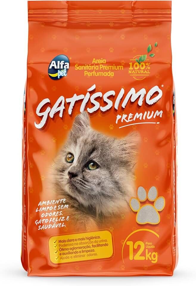 Areia Sanitária Premium Fina com Carvão Ativado e Perfumada, Pacote de 12Kg, Linha Gatíssimo, Alfapet.