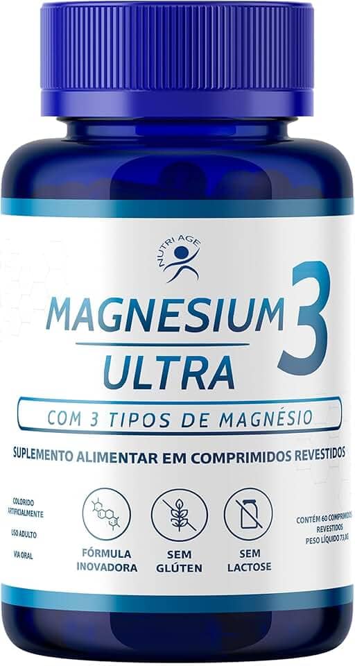 Magnésio 3 em 1 - Taurato + Dimalato + Quelato - Suplemento Alimentar - Sem Glúten, Sem Lactose - 60 Comprimidos - NutriAge