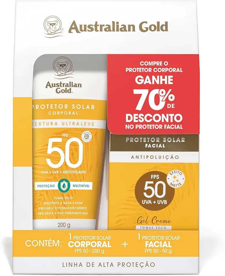 AUSTRALIAN GOLD PROMOPACK PROTETOR SOLAR GEL CREME CORPORAL/FACIAL FPS 50 200 G/ 50 G