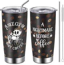 GWOWLWF Presentes de aniversário de Natal para homens e mulheres, copo de aço inoxidável de 590 ml com tampa e canudo, copo de café engraçado pesadelo, presentes para amigos Bestie Brother, copo de