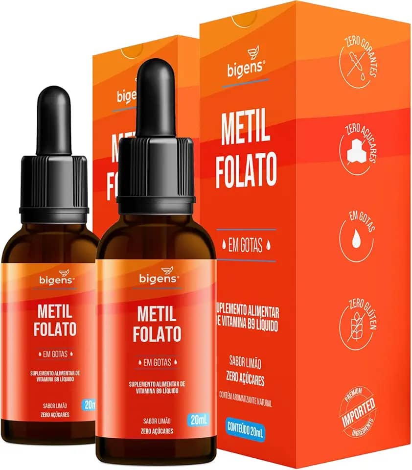 Metilfolato vegan vitamin gotas liquido, Ácido Fólico Ativo, sabor limão, 20 ML, Biogens (Kit 2)