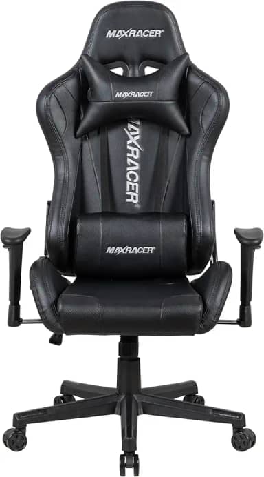 MAX RACER - Cadeira Gamer Skilled - Poltronas Gamer de Aço, Cadeira Ergonômica para Jogos - Até 150kg, Giratória, Braços 1D, Tecido Sintético PVC, Inclinação 180°, Almofada Cervical e Lombar - Preta