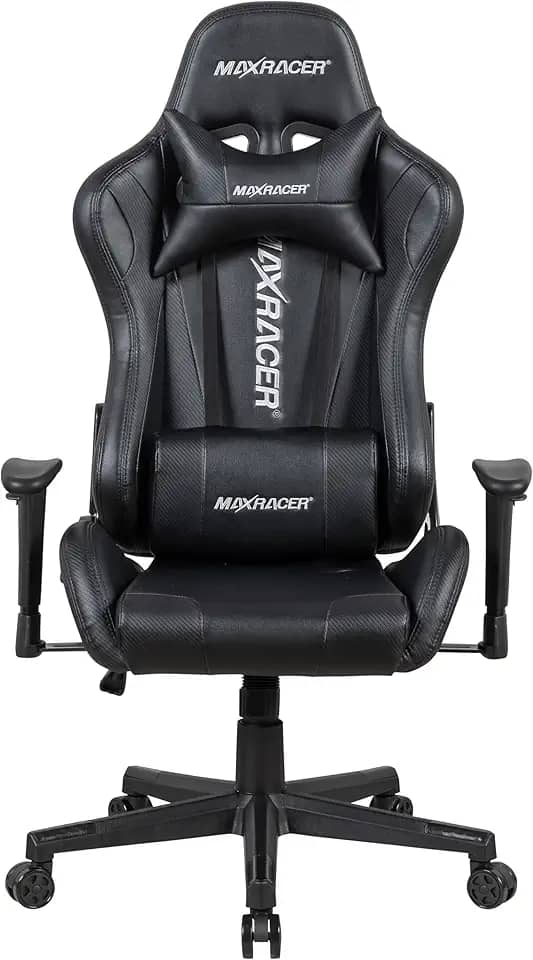 MAX RACER - Cadeira Gamer Skilled - Poltronas Gamer de Aço, Cadeira Ergonômica para Jogos - Até 150kg, Giratória, Braços 1D, Tecido Sintético PVC, Inclinação 180°, Almofada Cervical e Lombar - Preta