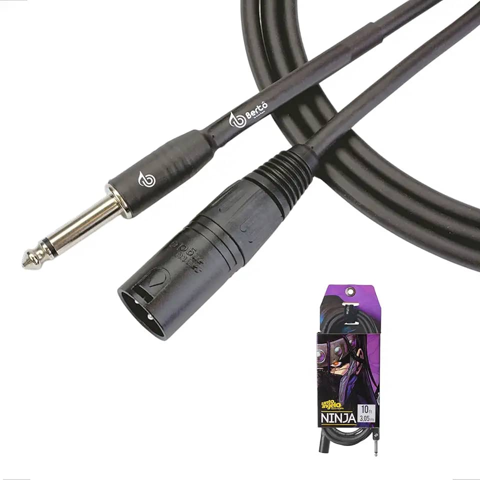 Cabo Para Microfone Bertô By Santo Angelo Ninja 3 Metros Balanceado Cinza Chumbo P10 Macho XLR Macho Ninja Profissional
