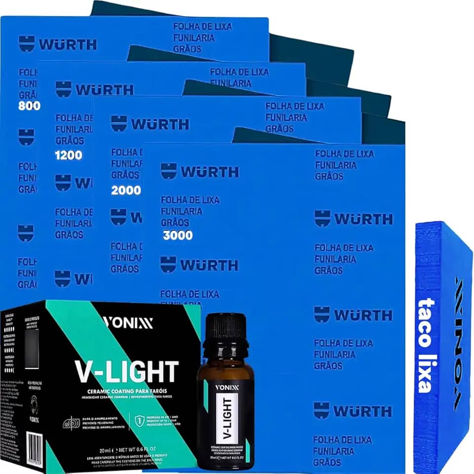 Kit Para Polir Restaurar e Tirar Amarelado do Farol e Lanternas V-Light 20ml Lixa Dagua Taco de Lixar Vonixx