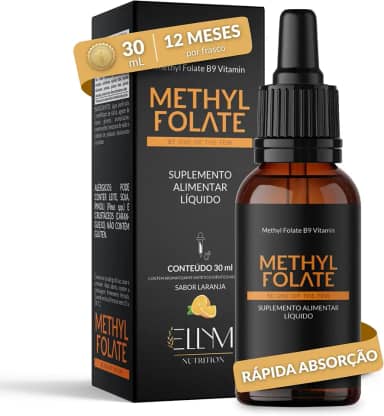Vitamina B9 Metilfolato em Gotas Sublingual 30 mL ELLYM NUTRITION Sabor Laranja O Ácido Fólico Auxilia na Formação do Tubo Neural do Feto Durante a Gravidez