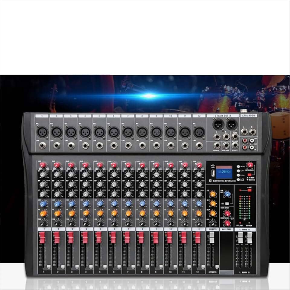 VEDO Mesa de som 12 canal, Small Stage Bluetooth USB MP3, entrada 48V Phantom Power DJ Karaoke Mobile Live High Power Mixer Professional 12 Channel Studio Audio Mixer 110V/220V 12 canais