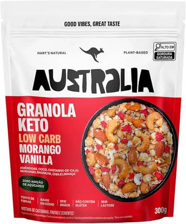 Hart's Natural Granola Australia Keto Low Carb Morango e Baunilha - Granola Sem Açucar, Sem Lactose, Sem Glúten, Vegano - 100% Natural - Alto em Fibras - 300g