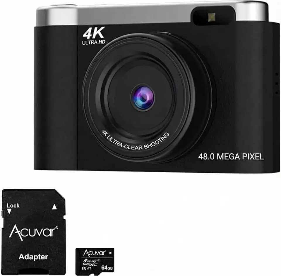 Acuvar Câmera Digital 4K Para Fotografia Com Foco Automático, Vlog De 48 Mp No Youtube, Cartão Sd 64 Gb, Tela Flip 2,8", Zoom Compacto Viagem 8X, Flash, Antivibração, Bateria Recarregável