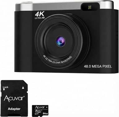 Acuvar Câmera Digital 4K Para Fotografia Com Foco Automático, Vlog De 48 Mp No Youtube, Cartão Sd 64 Gb, Tela Flip 2,8", Zoom Compacto Viagem 8X, Flash, Antivibração, Bateria Recarregável