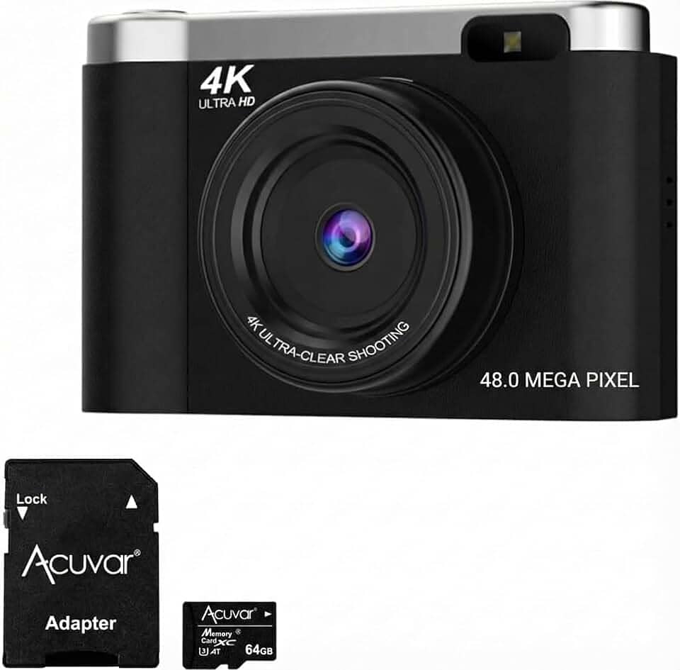 Acuvar Câmera Digital 4K Para Fotografia Com Foco Automático, Vlog De 48 Mp No Youtube, Cartão Sd 64 Gb, Tela Flip 2,8", Zoom Compacto Viagem 8X, Flash, Antivibração, Bateria Recarregável