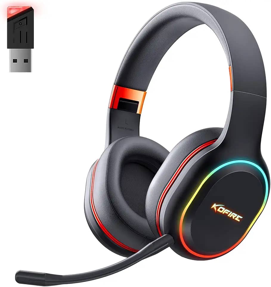 KOFIRE Fone de ouvido para jogos sem fio de 2,4 GHz/fone de ouvido Bluetooth para Nintendo Switch, PC, PS5, PS4, feedback de vibração com microfone com cancelamento de ruído, luz LED - preto