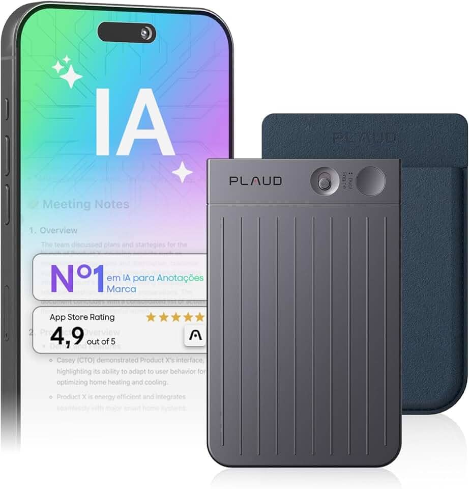 Gravador de voz com IA, gravador de áudio Plaud Note c/capa, controle de aplicativo, transcrição e resumo com tecnologia de IA, suporte a 112 idiomas (Note preta com estojo azul escuro)