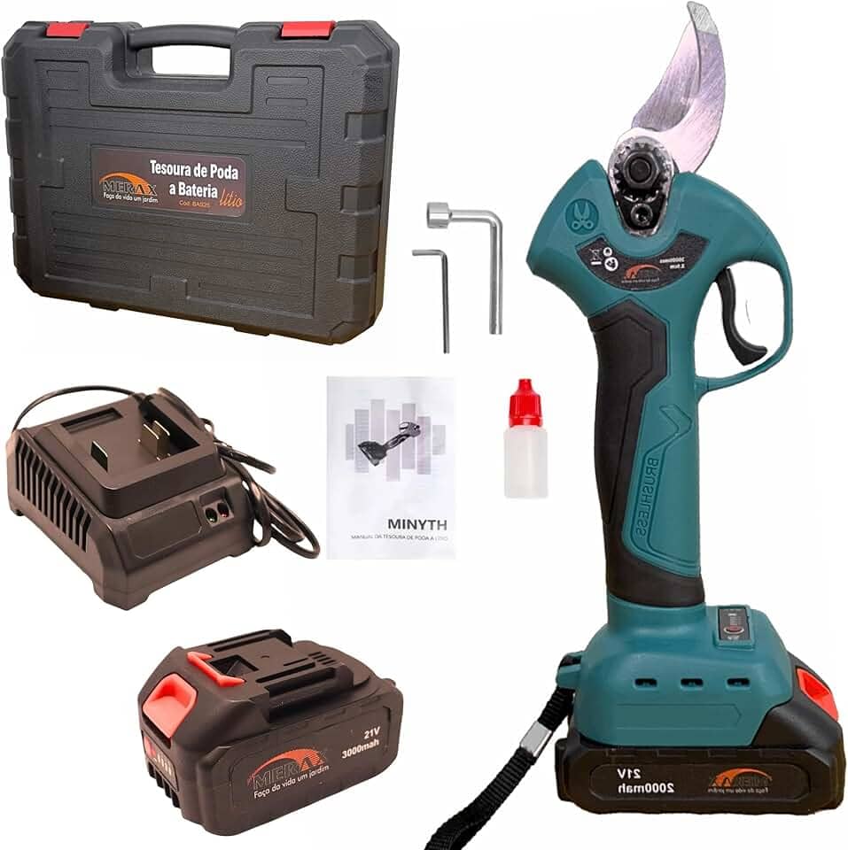 Tesoura de Poda a Bateria sem Fio, 21V, Sinalizador de Carga da Bateria, Carregador e Maleta, Chave L, Óleo Lubrificante e Manual