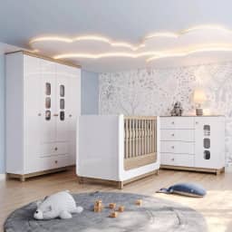 Conjunto Quarto de Bebê Completo Berço 2 em 1, Guarda-roupa e Cômoda Sophia Branco e Jequitiba