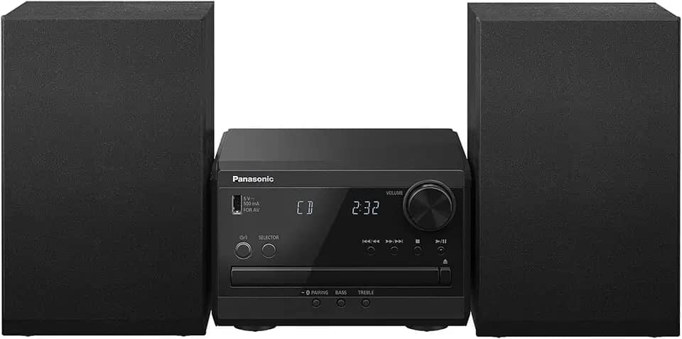 Panasonic Sistema estéreo compacto com leitor de CD, Bluetooth, rádio FM e USB com controle de graves e agudos, sistema estéreo de 20 W para casa com controle remoto - SC-PM270PP-K (preto)