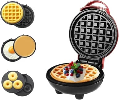 Lifeeverkeep Mini máquina de waffle 3 em 1 com pratos removíveis - waffles, donuts, panquecas tudo em vários fabricantes - Superfície antiaderente para facilitar a limpeza - Ótimo presente de Natal