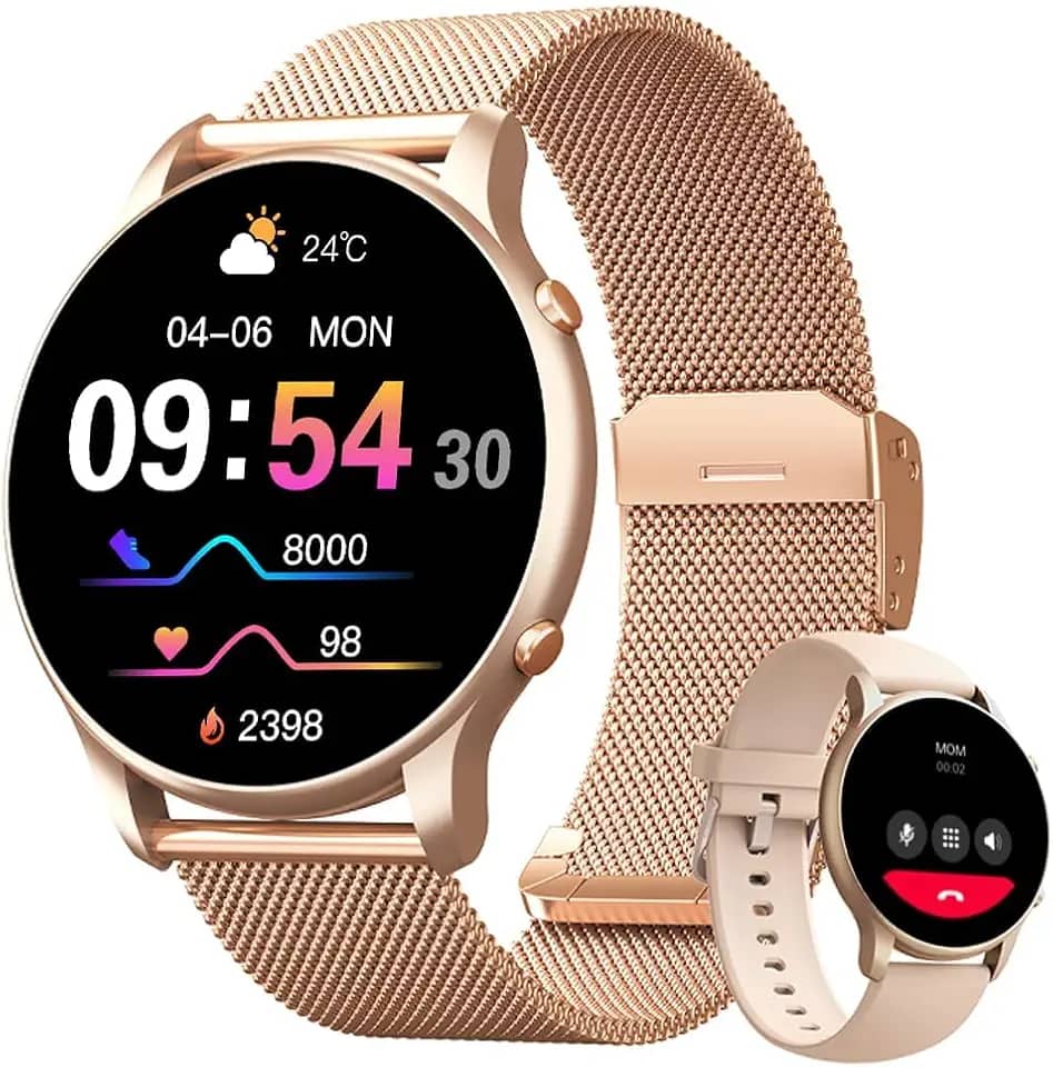 Relogio Smartwatch Feminino Redondo Tela Full Touch 1.32",IP68 à Prova d'Água,Ligações Bluetooth,100+Modos,Recebimento Notificações,Faz e Recebe Chamadas Funções Relógio Smartwatch Inclui 2 Pulseiras