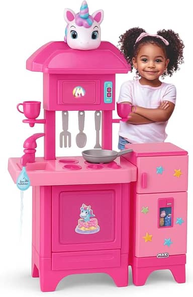 Cozinha Infantil Unicórnio Completa Pia com Água de Verdade e Ensaboador, Forno, Fogão, Geladeira e Acessórios Plástico Rosa - Magic Toys