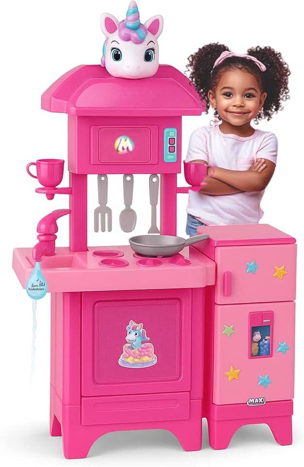 Cozinha Infantil Unicórnio Completa Pia com Água de Verdade e Ensaboador, Forno, Fogão, Geladeira e Acessórios Plástico Rosa - Magic Toys
