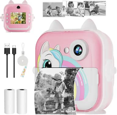 Câmera Fotográfica Infantil, Câmera Digital Infantil que Imprime 20MP 1080P, Tela 2,4", Zoom 6X, Impressão Térmica 200 dpi, Vídeo, Time Lapse, Jogos, Portátil com Papel de Impressão – Rosa