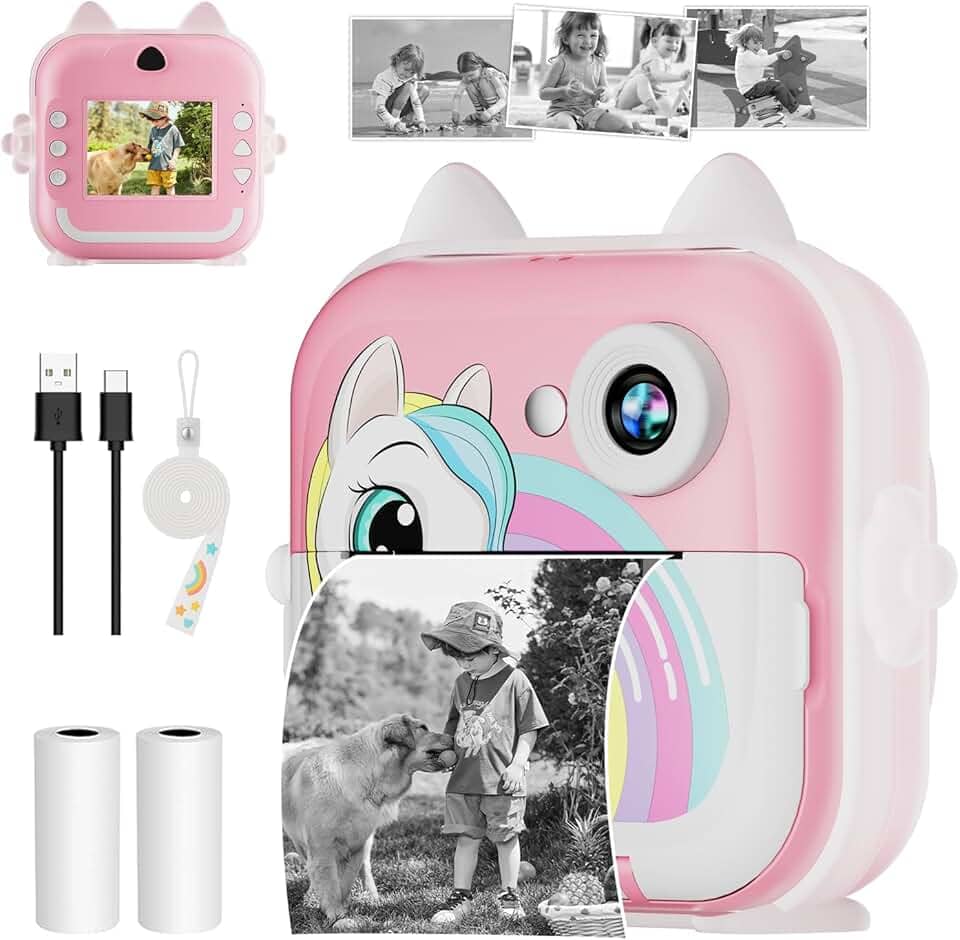 Câmera Fotográfica Infantil, Câmera Digital Infantil que Imprime 20MP 1080P, Tela 2,4", Zoom 6X, Impressão Térmica 200 dpi, Vídeo, Time Lapse, Jogos, Portátil com Papel de Impressão – Rosa