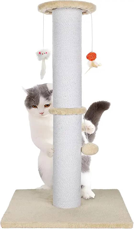 Ahomdoo Poste arranhador para gatos de 96 cm com brinquedos pendurados (bege)
