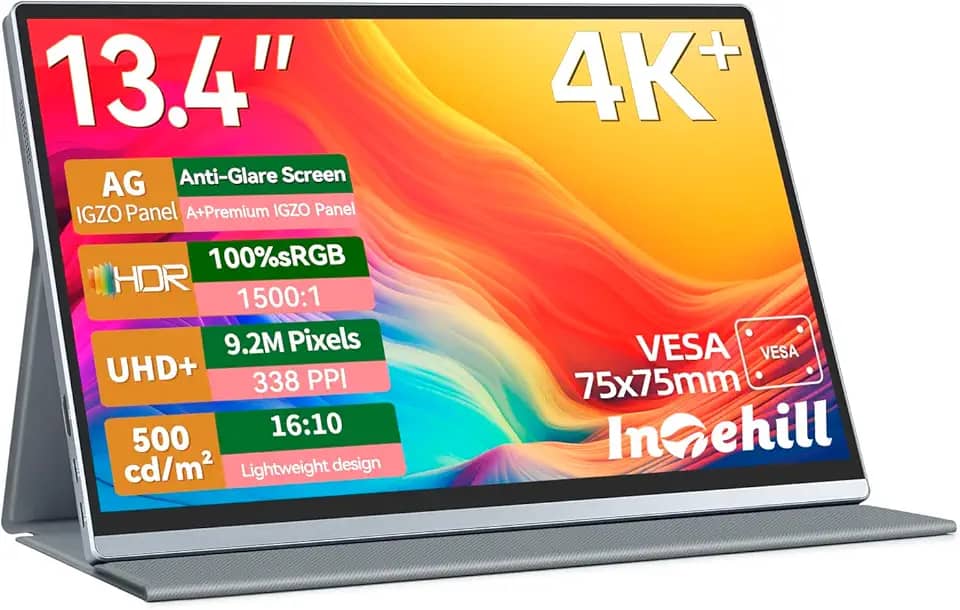 Intehill Monitor portátil 4K, antirreflexo de 34.0 cm 3840 * 2400 tela IGZO, monitor de viagem portátil 4K, tela de 1500: 1.500 nits, HDR, sRGB 100%, alto-falantes embutidos, USB C duplo, HDMI para