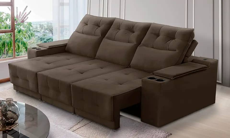 Sofá Retrátil e Reclinável 3 lugares 2,10m com Porta Copos e USB Hannah Suede Marrom Adonai Estofados