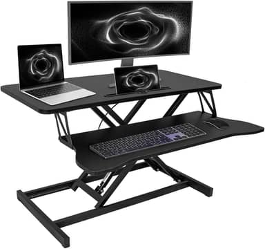 Conversor de mesa em pé, suporte de mesa ajustável de 81 cm de altura com bandeja de teclado para casa ou escritório, monitor duplo e estação de trabalho para laptop, preto