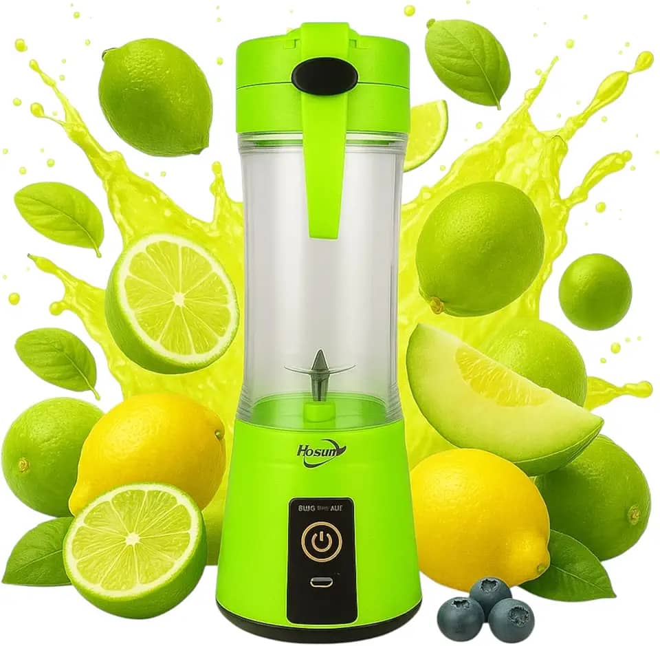 Mini Liquidificador Portátil Recarregável USB, 6 Lâminas, Copo para Sucos e Vitaminas (Verde)