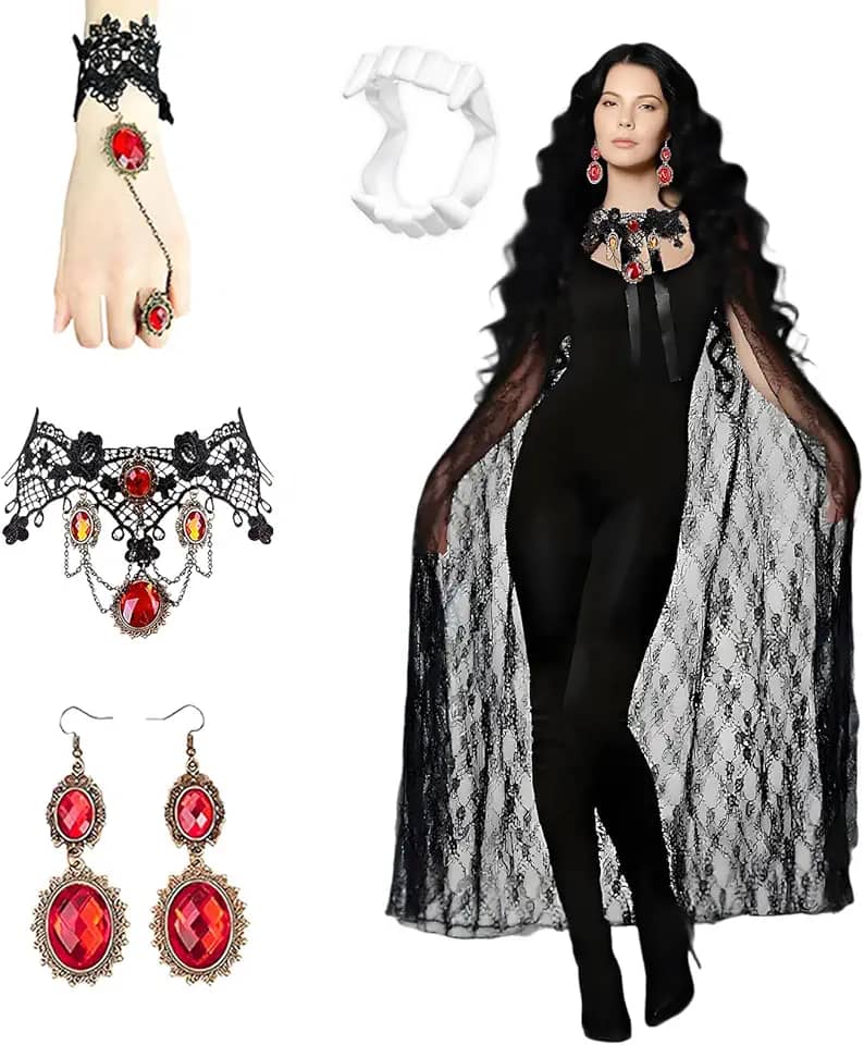 Conjunto de fantasia feminina de vampiro de Halloween: capa com capuz de renda preta, tatuagens de sangue, presas e joias elegantes de vampiro - ideal para cosplay e festas