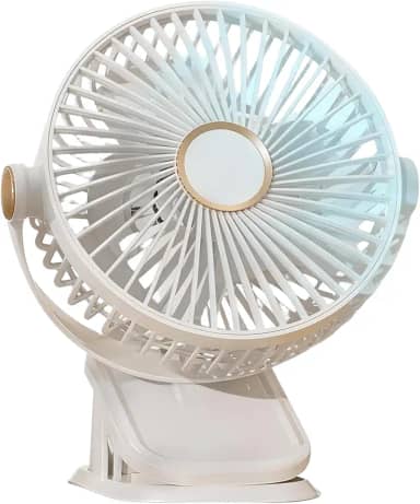 Ventilador de Mesa Portátil USB 3 em 1 Recarregável com LED, 5 Velocidades, 360° e Silencioso Para Escritório, Home Office, Quarto e Viagens (Branco)
