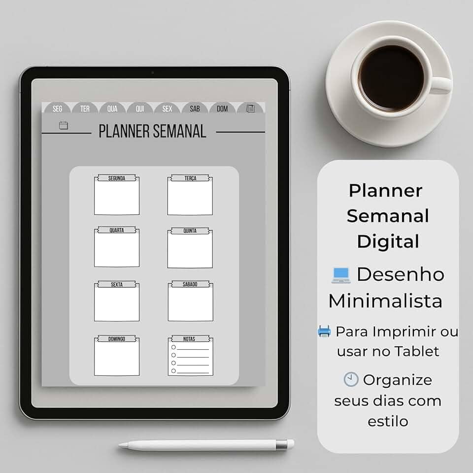 Planner Semanal Digital Minimalista, Para Tablet ou Impressão, Design Elegante com Layout Diário e Seção de Notas