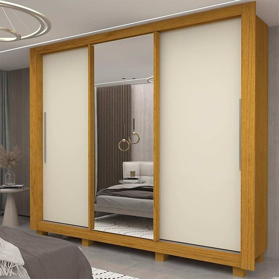 Guarda-roupa Casal 3 Portas 1 Porta Espelhada com Pés Milão Yescasa 100% MDF Naturale/Off White