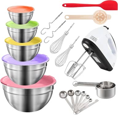 Batedeira Elétrica Manual De 7 Velocidades, Conjunto Com 5 Tigelas Grandes, Batedeiras Portáteis Batedores, Tigela Encaixe Metal Em Aço Inoxidável, Copos Medidores, Colheres, Liquidificador