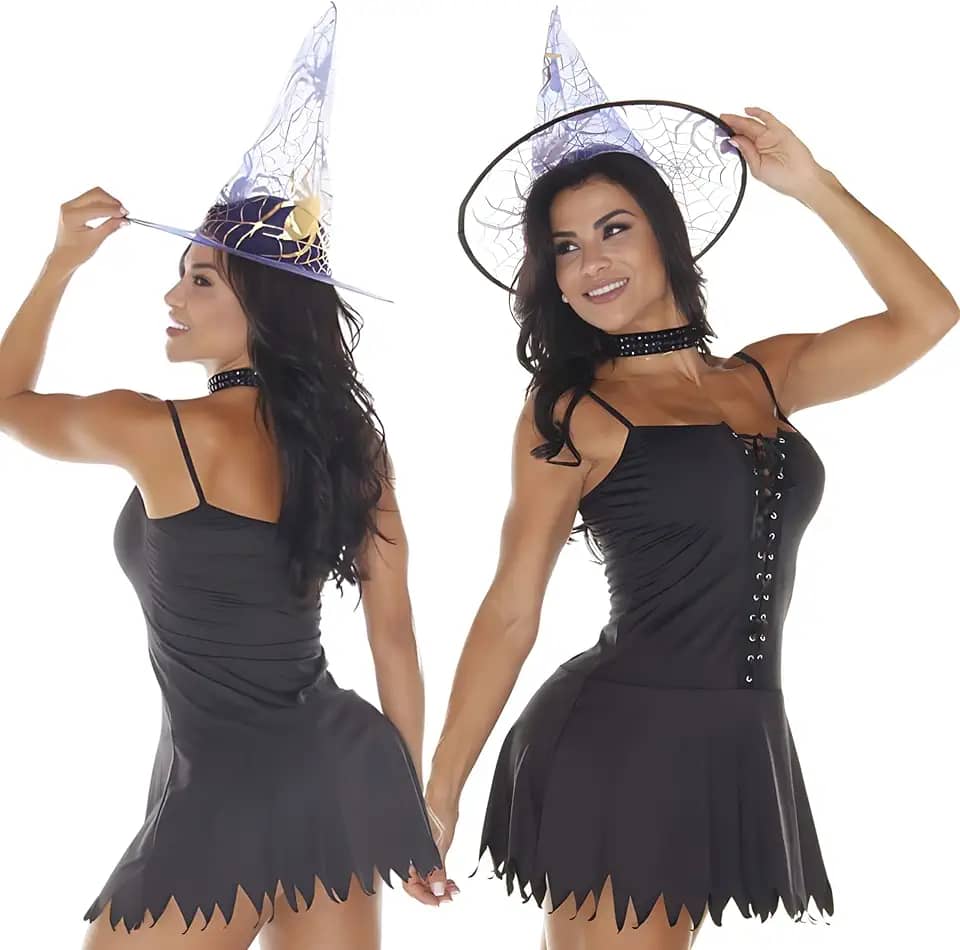 Fantasia Feminina Halloween Bruxa Sexy Com Chapéu Bruxinha Com Vestido Sensual