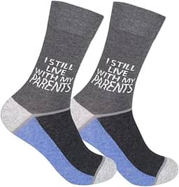 FUNATIC Meias engraçadas e loucas com frases – Presentes inovadores para homens, mulheres, adolescentes, I Still Live With My Parents, 6-12