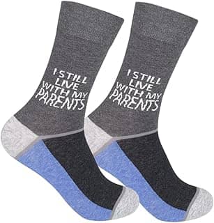 FUNATIC Meias engraçadas e loucas com frases – Presentes inovadores para homens, mulheres, adolescentes, I Still Live With My Parents, 6-12