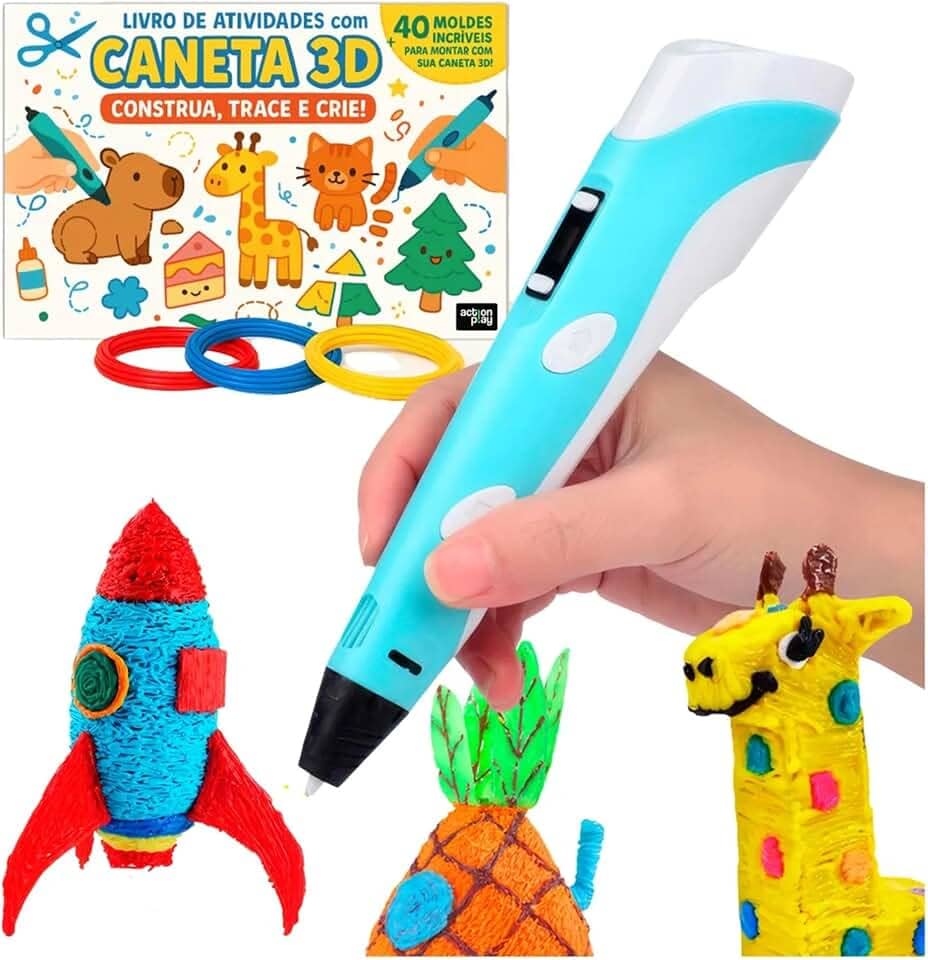 Caneta Impressora 3D USB Bivolt com Controle de Temperatura, Display LCD e Filamentos ABS/PLA – Kit Completo para Crianças e DIY Criativo (Azul)