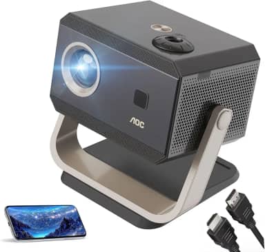 AOC Projetor portátil Full HD 4K/1080P, foco automático/correção automática de distorção trapezoidal/ângulo ajustável/projetor com Wi-Fi 6 e Bluetooth, 15000 lúmens, compatível com iOS/Android/PC/PS4