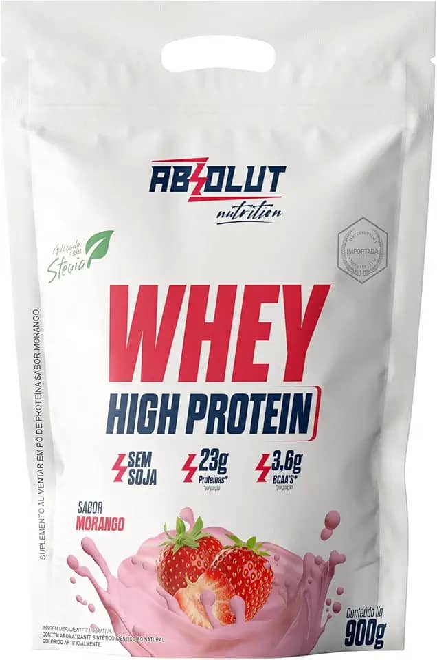 Absolut Nutrition, Whey high protein, 23 gramas de proteína, adoçado com stevia, Sabor morango, Pouch, 900 gramas